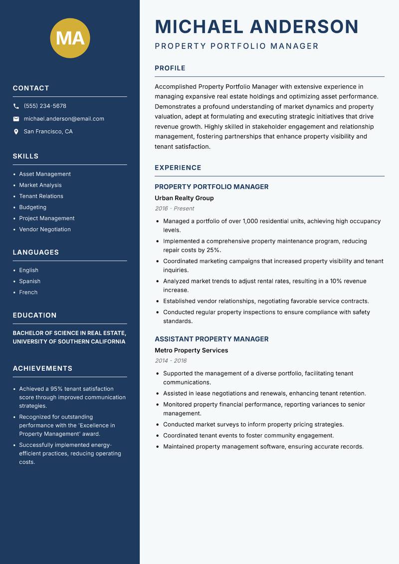Property Portfolio Manager resume template — Classic Clean