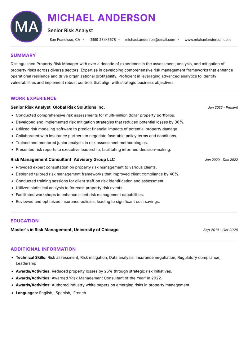 Property Risk Manager resume example — ATS-friendly template