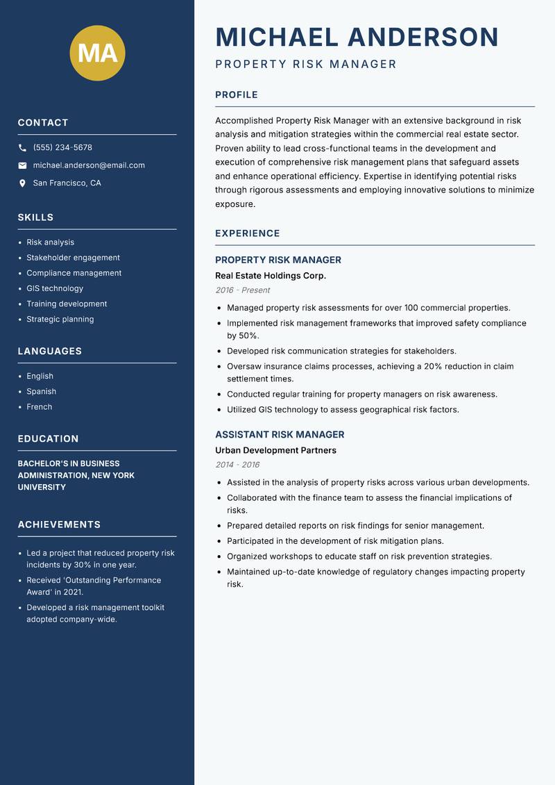 Property Risk Manager resume template — Classic Clean