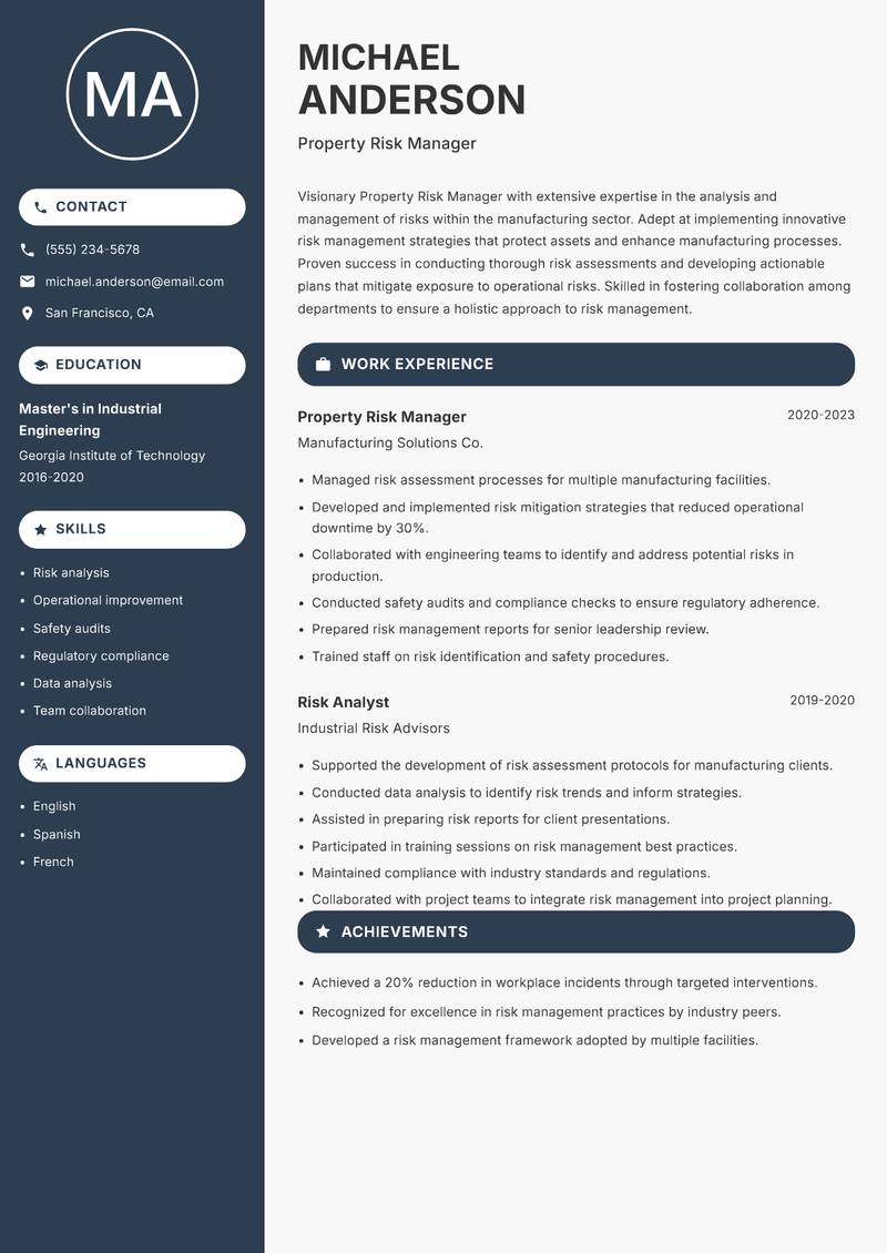 Property Risk Manager resume template — Compact