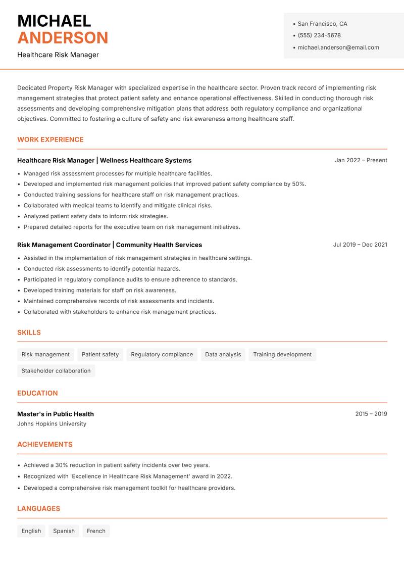 Property Risk Manager resume template — Modern Professional
