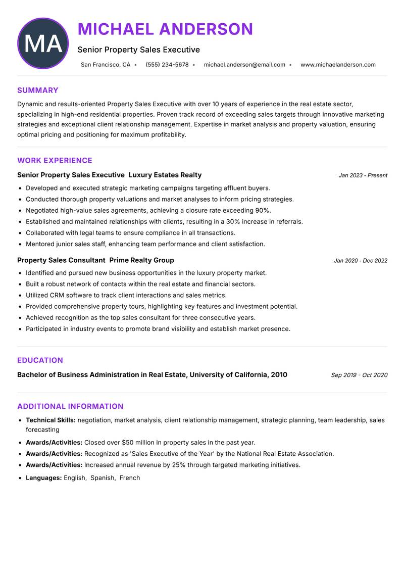 Property Sales Executive resume example — ATS-friendly template