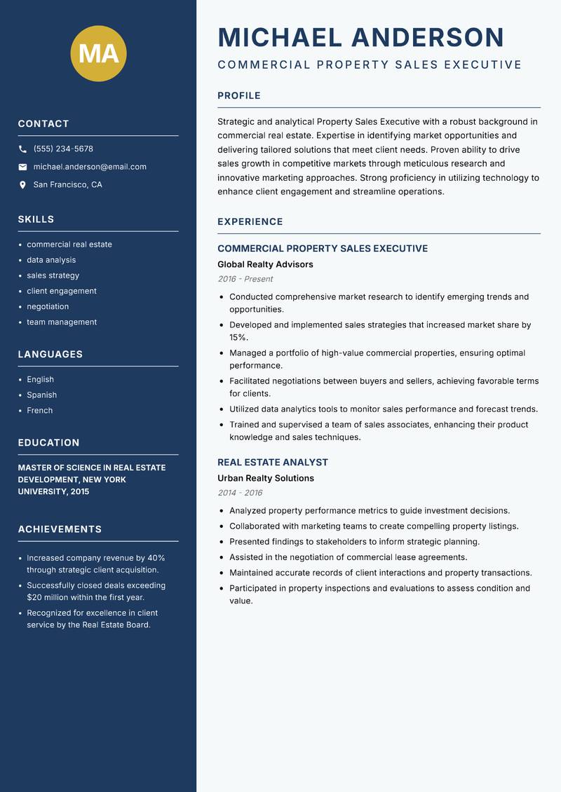 Property Sales Executive resume template — Classic Clean