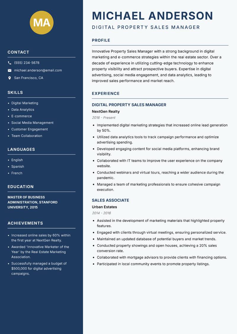 Property Sales Manager resume template — Classic Clean