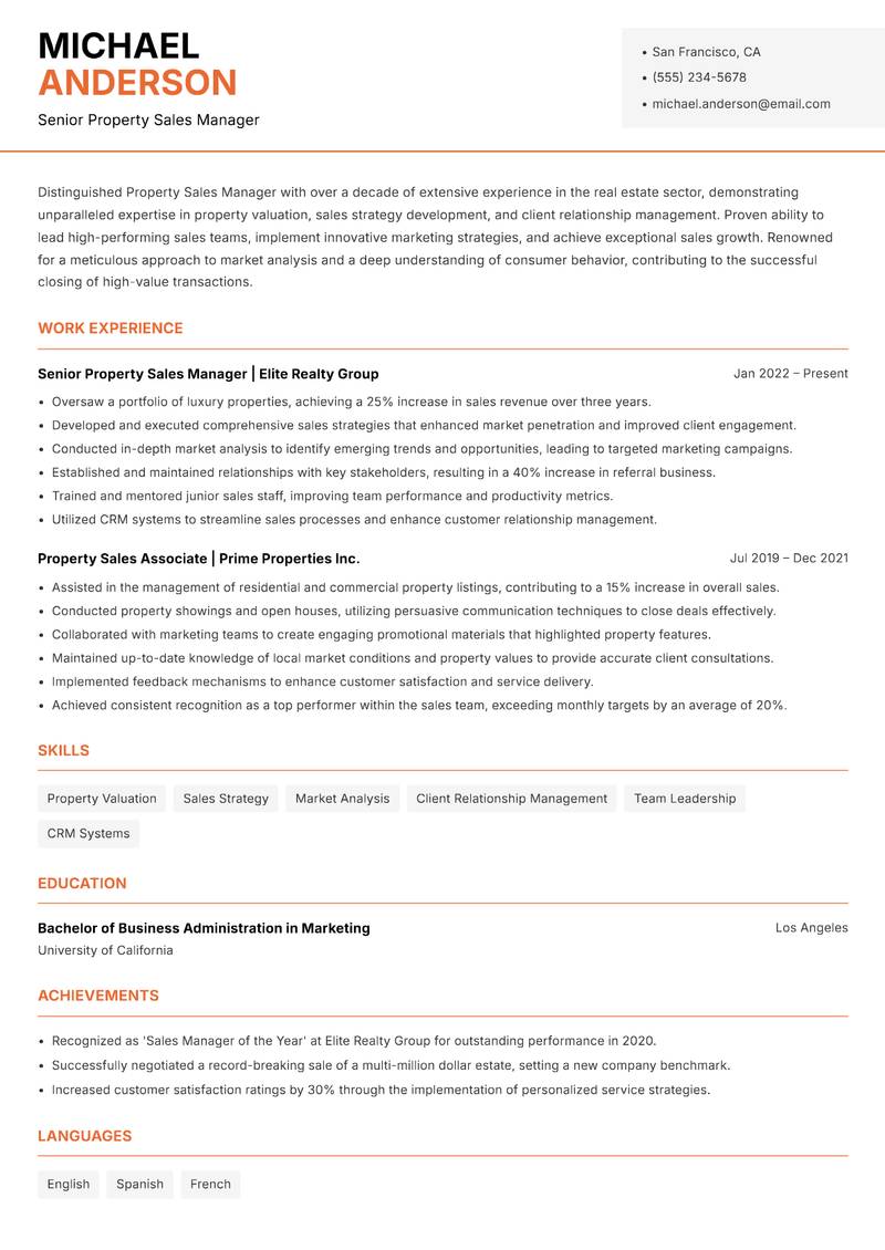 Property Sales Manager resume template — Modern Professional