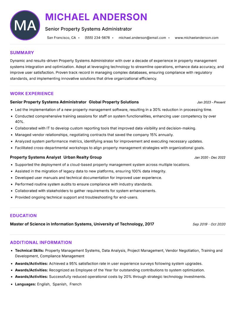 Property Systems Administrator resume example — ATS-friendly template