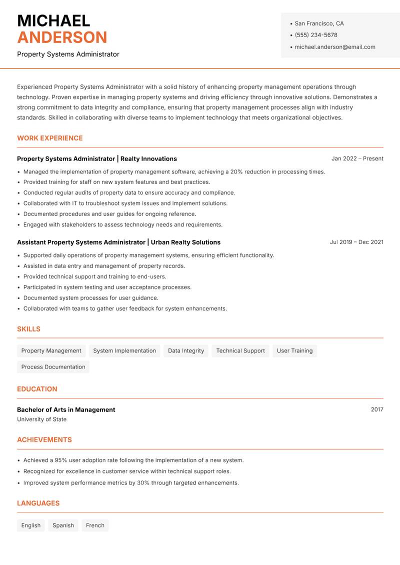 Property Systems Administrator resume template — Modern Professional