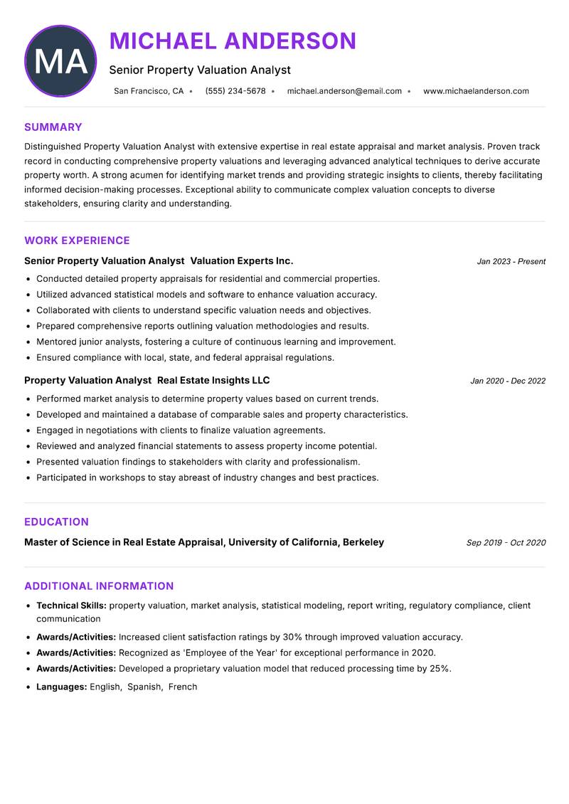 Property Valuation Analyst resume example — ATS-friendly template