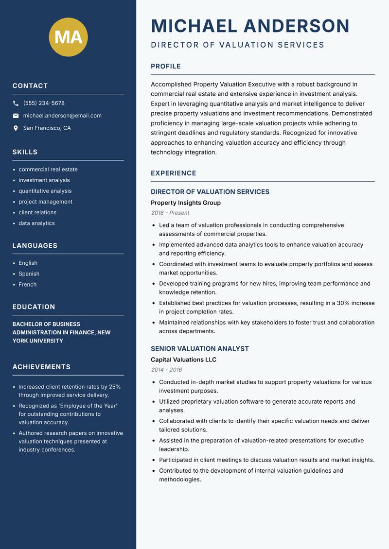 Property Valuation Executive resume template — Classic Clean