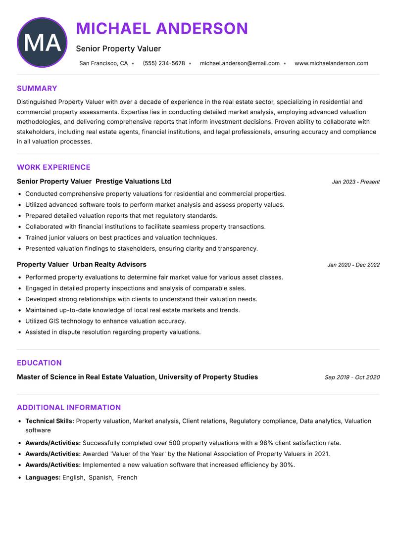 Property Valuer resume example — ATS-friendly template