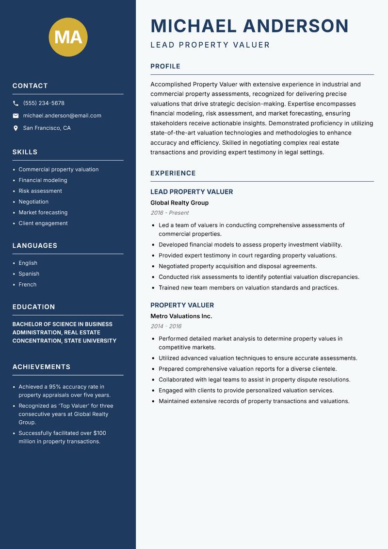 Property Valuer resume template — Classic Clean