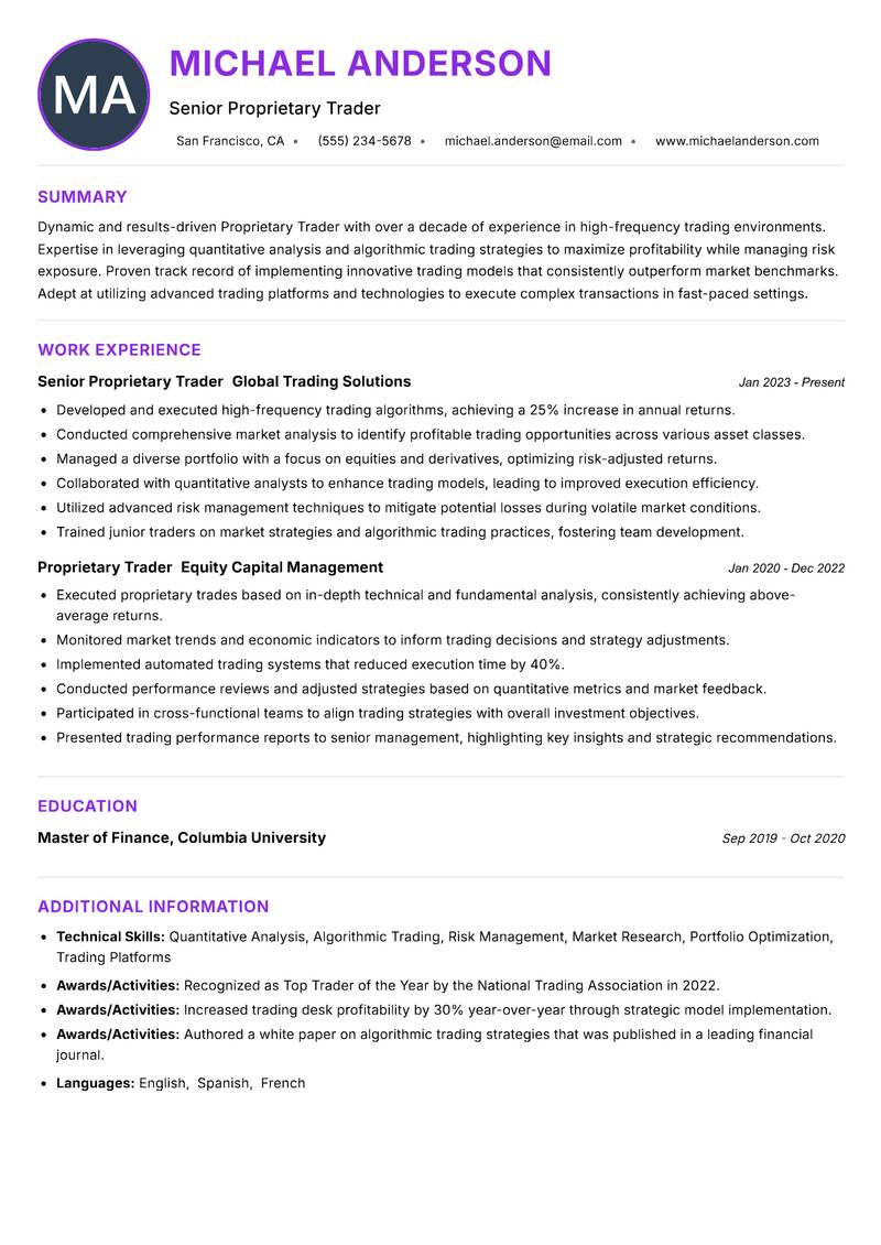Proprietary Trader resume example — ATS-friendly template