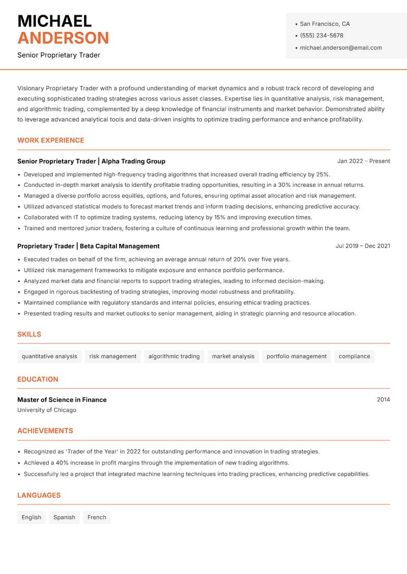 Proprietary Trader resume template — Modern Professional