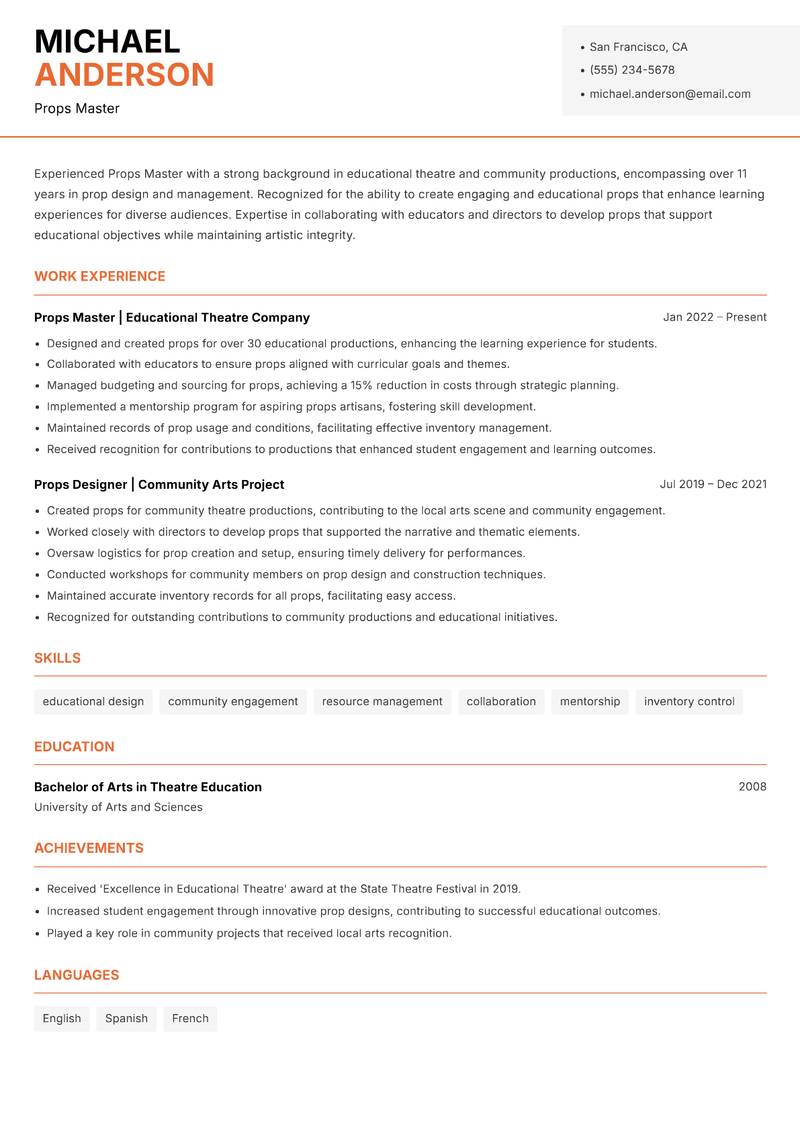Props Master resume template — Modern Professional