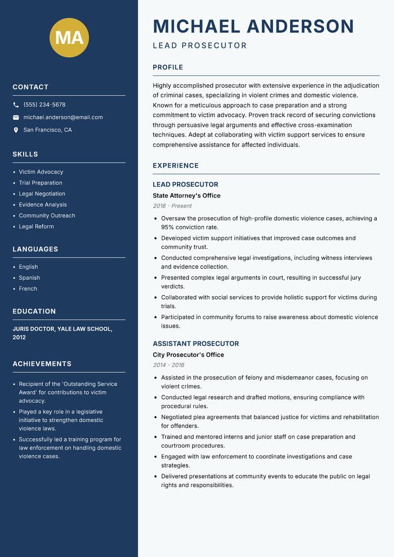 Prosecutor resume template — Classic Clean