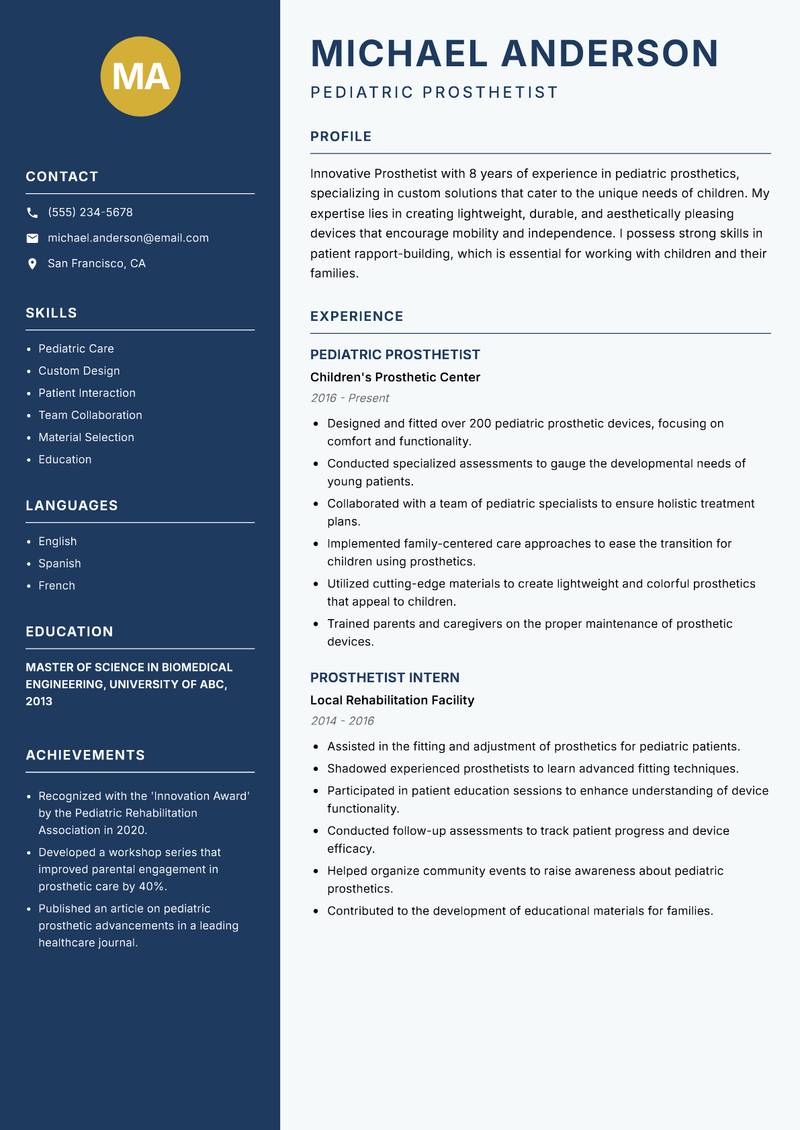Prosthetist resume template — Classic Clean