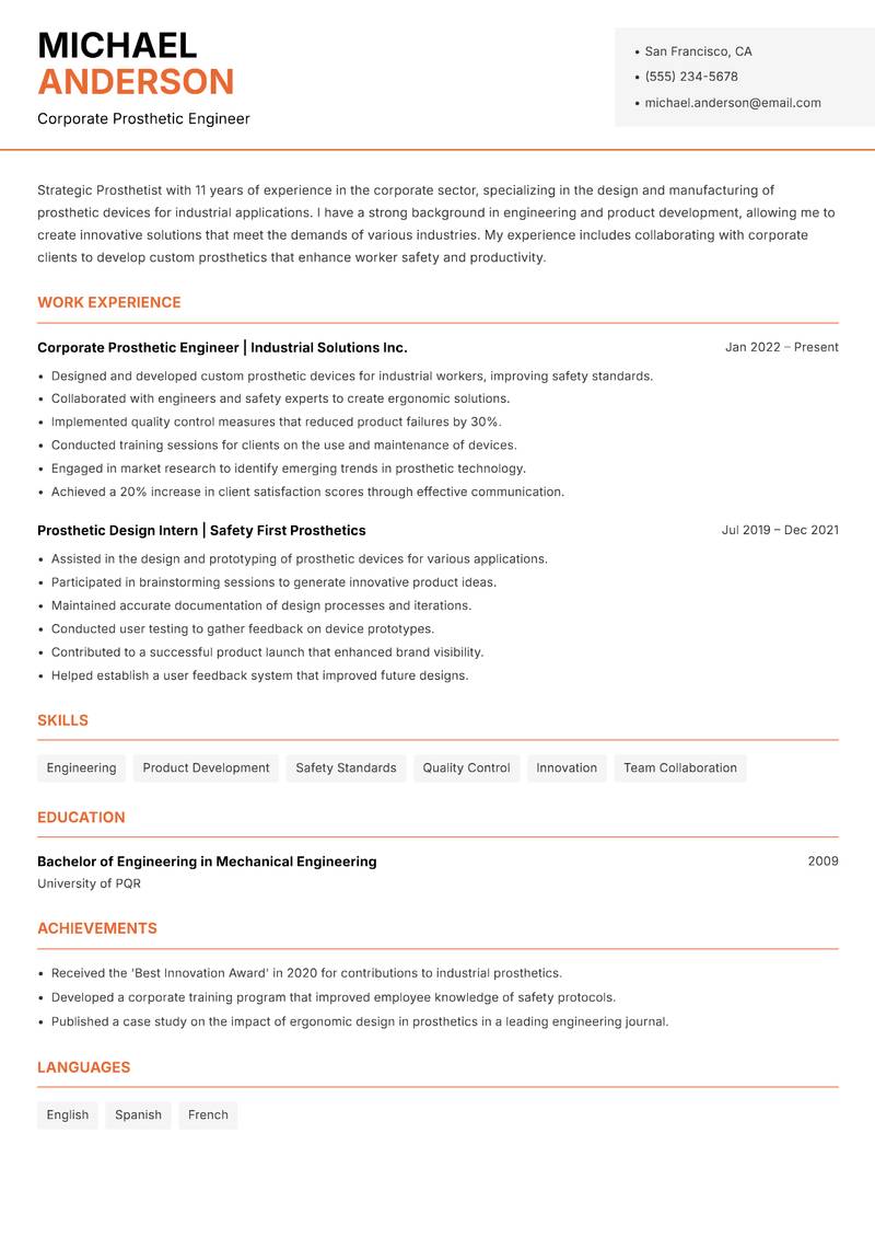 Prosthetist resume template — Modern Professional