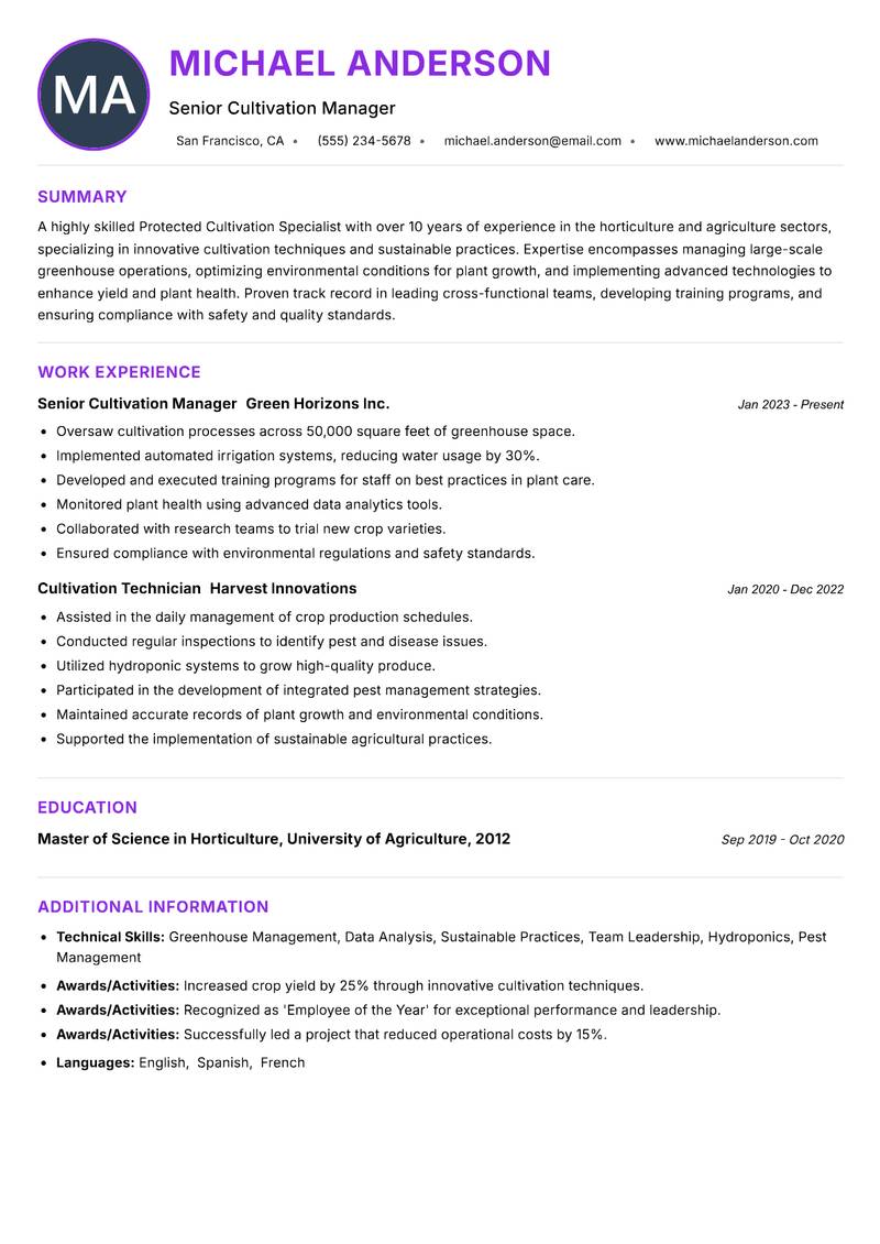 Protected Cultivation Specialist resume example — ATS-friendly template