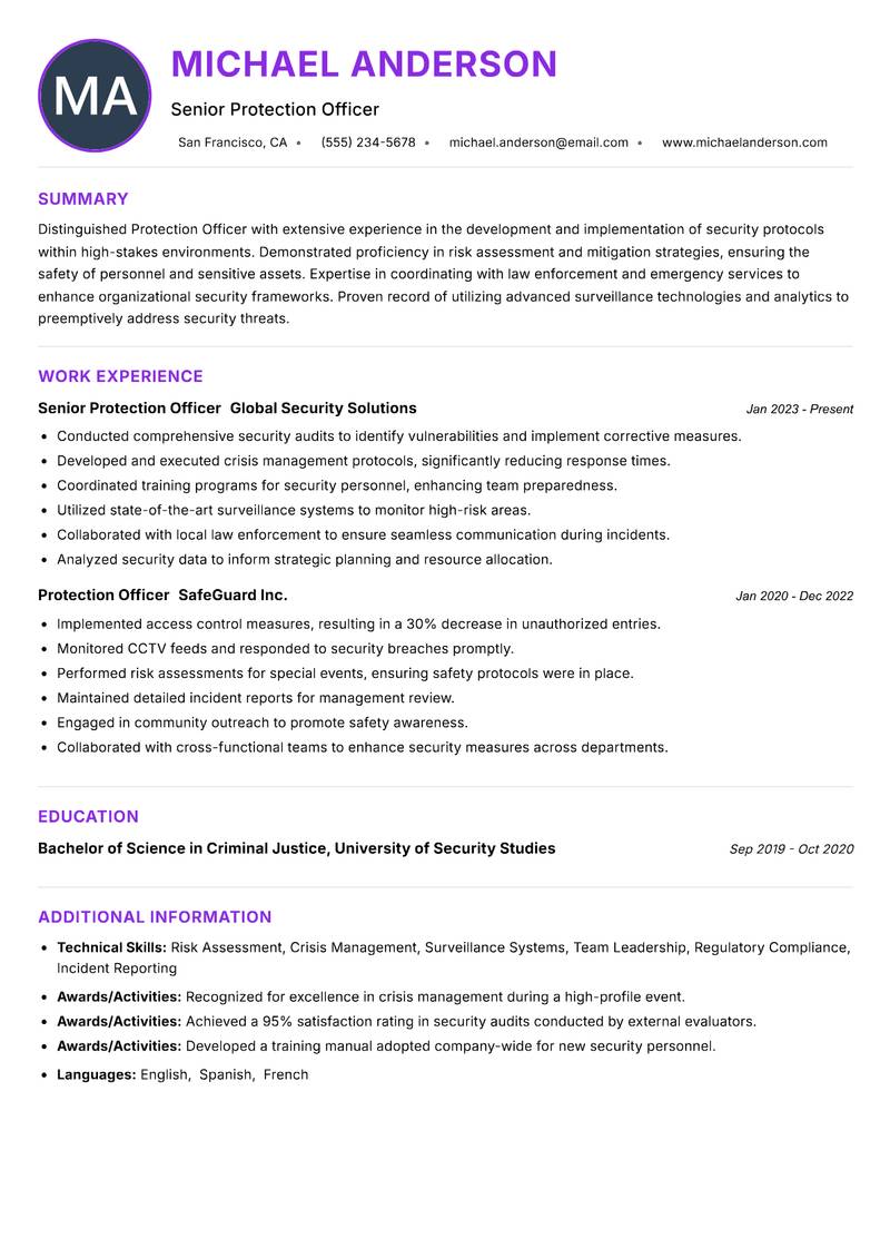 Protection Officer resume example — ATS-friendly template