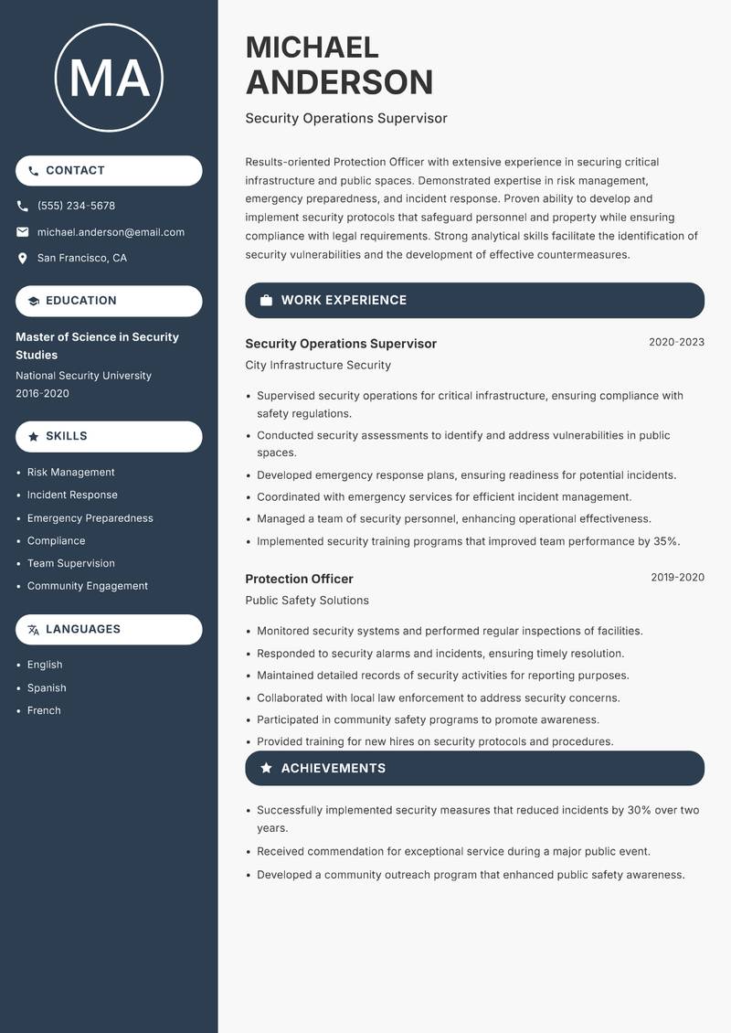 Protection Officer resume template — Compact