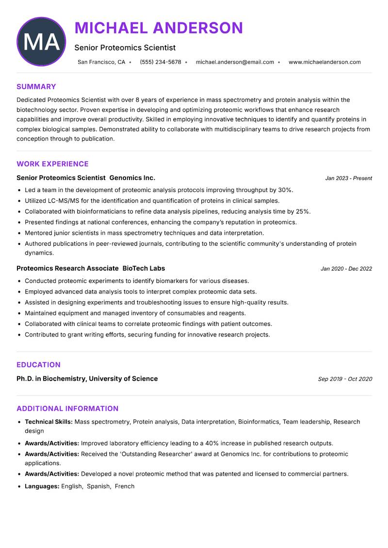 Proteomics Scientist resume example — ATS-friendly template