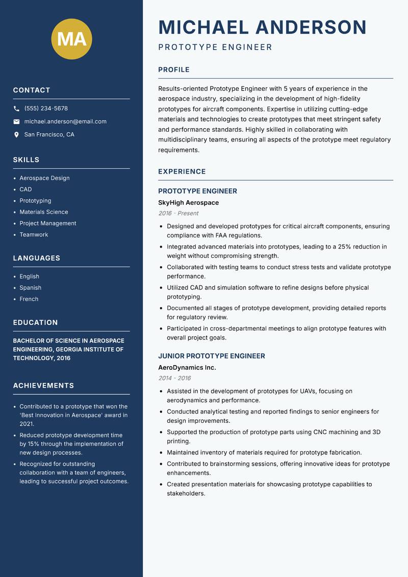 Prototype Engineer resume template — Classic Clean