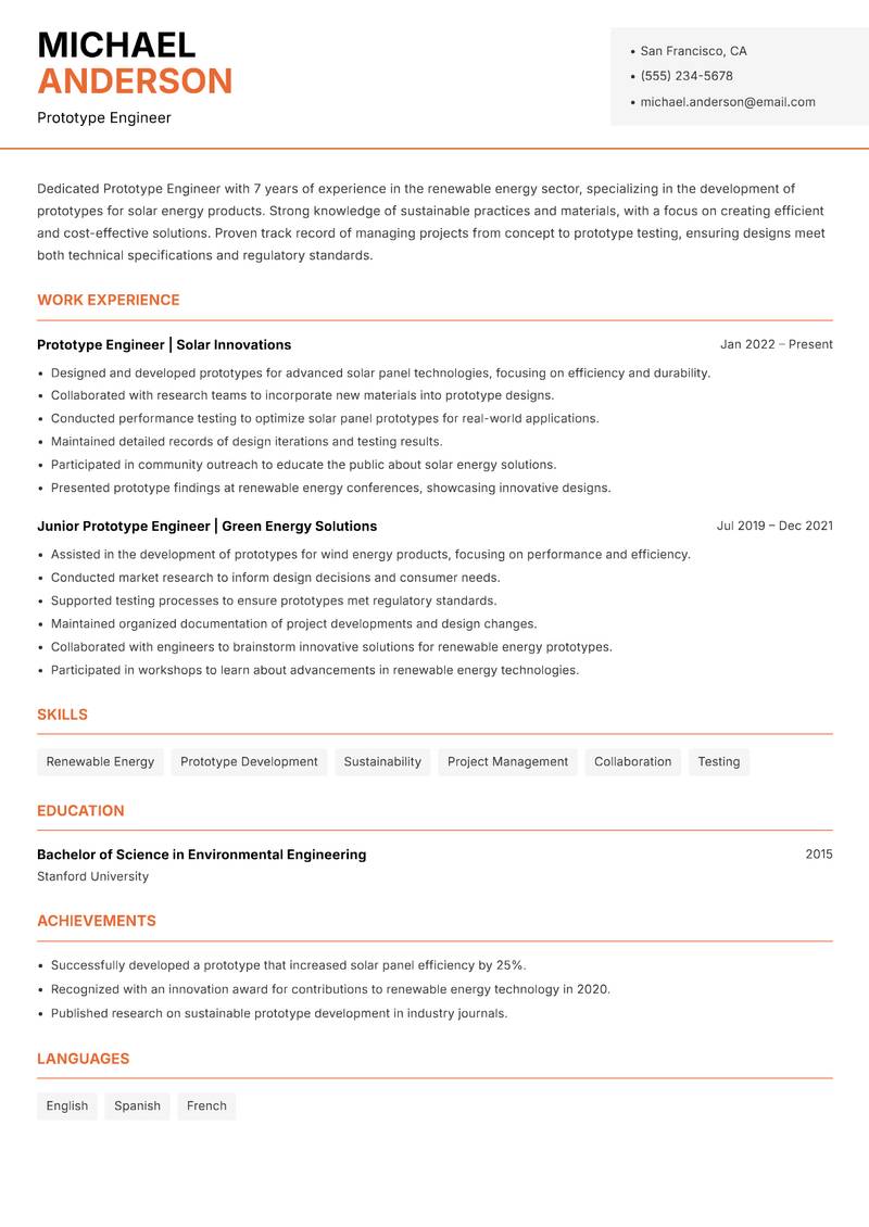 Prototype Engineer resume template — Modern Professional
