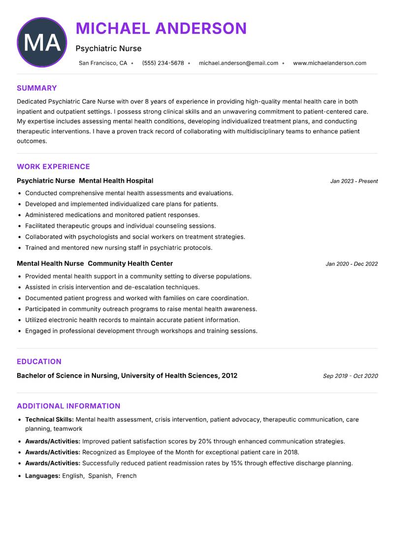 Psychiatric Care Nurse resume example — ATS-friendly template