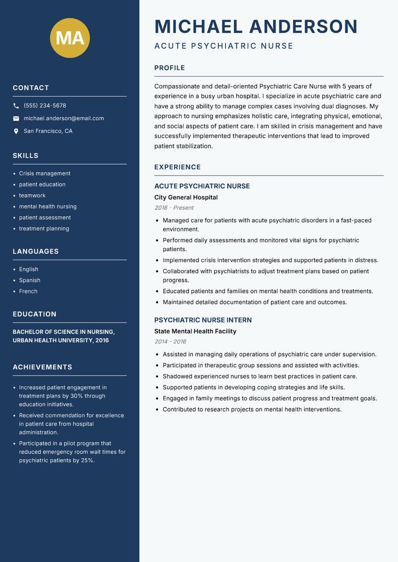 Psychiatric Care Nurse resume template — Classic Clean