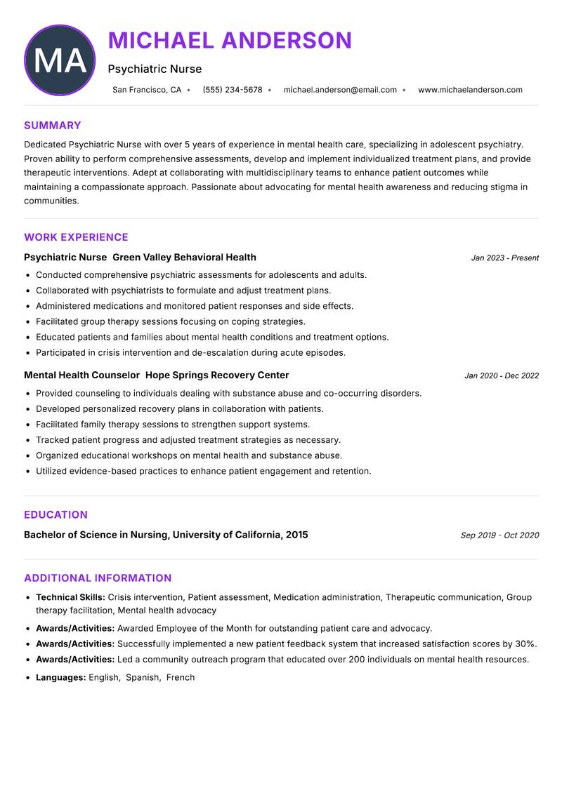 Psychiatric Nurse resume example — ATS-friendly template