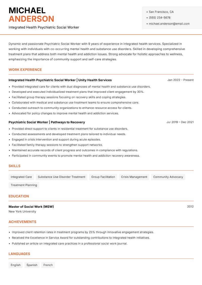 Psychiatric Social Worker resume template — Modern Professional