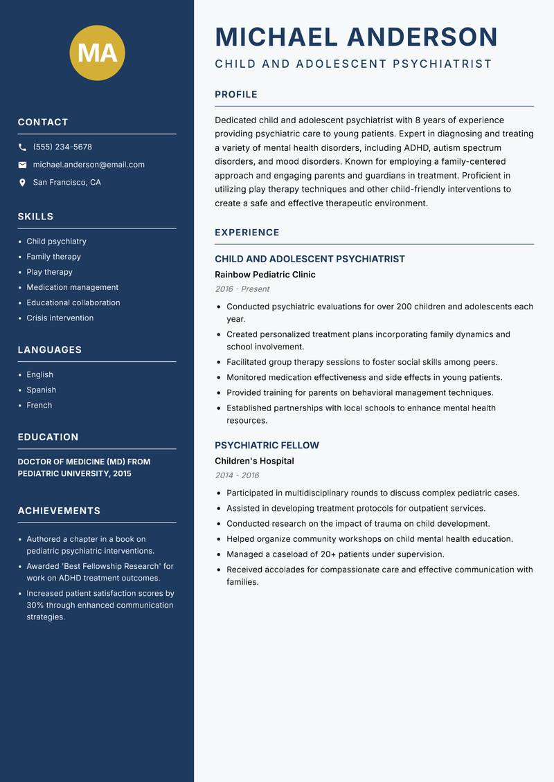 Psychiatrist resume template — Classic Clean