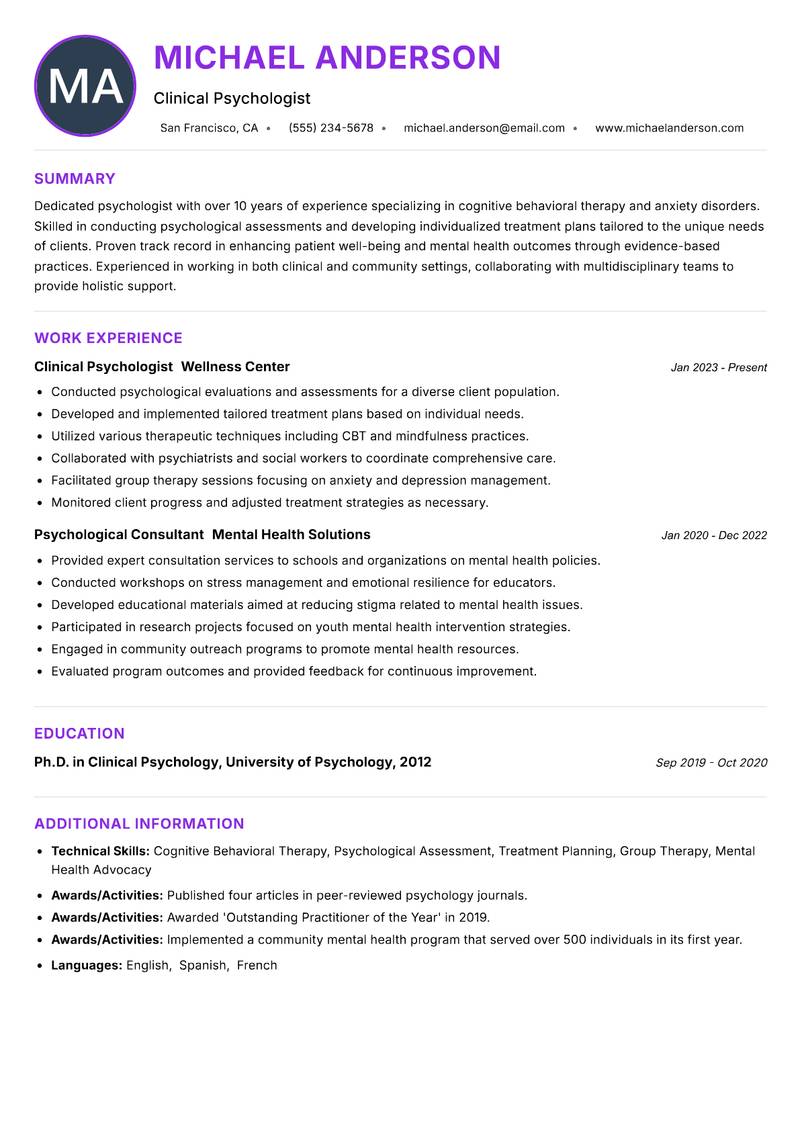 Psychologist resume example — ATS-friendly template