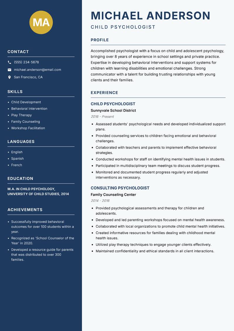 Psychologist resume template — Classic Clean