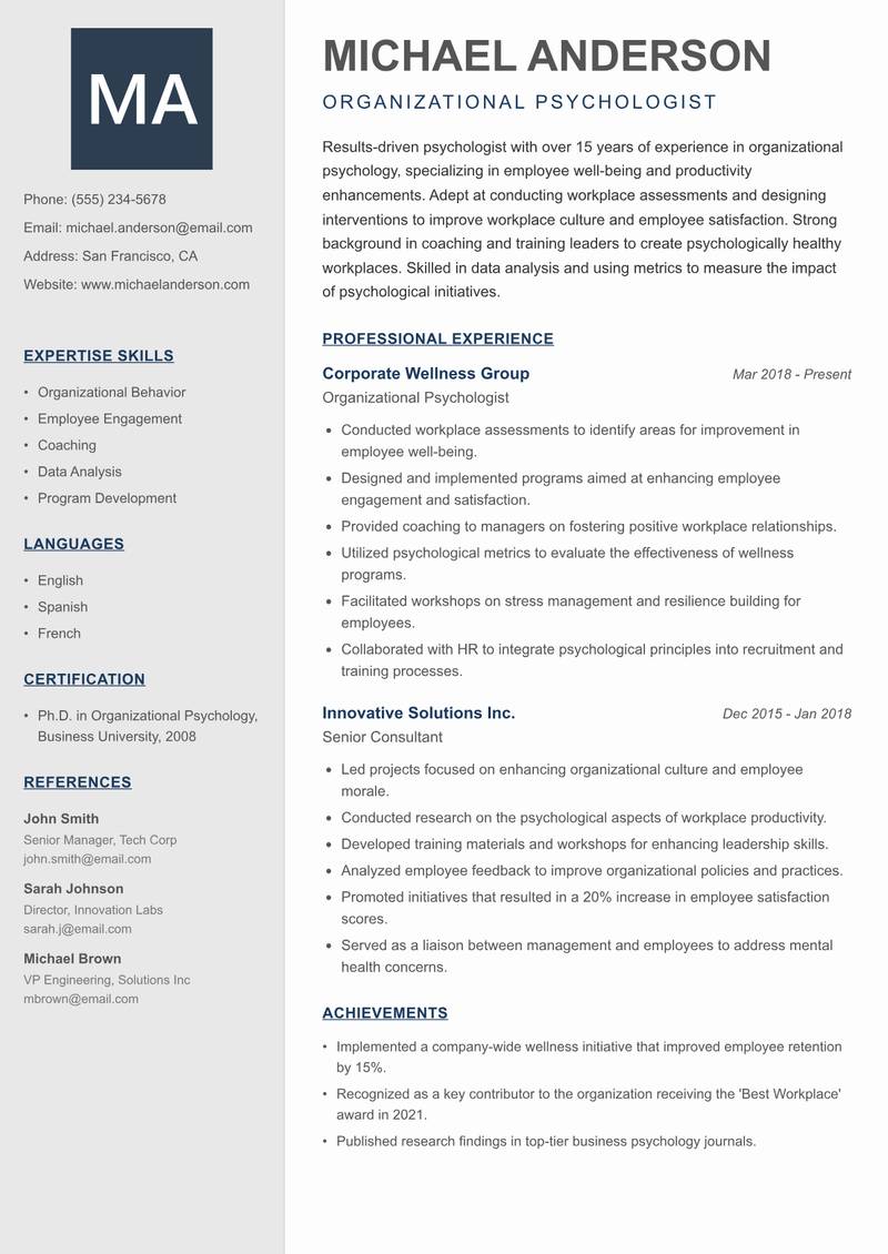 Psychologist resume template — Creative Minimal