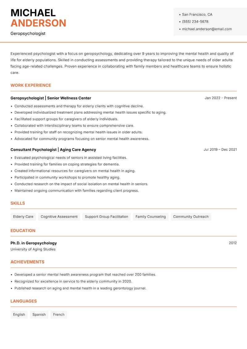Psychologist resume template — Modern Professional