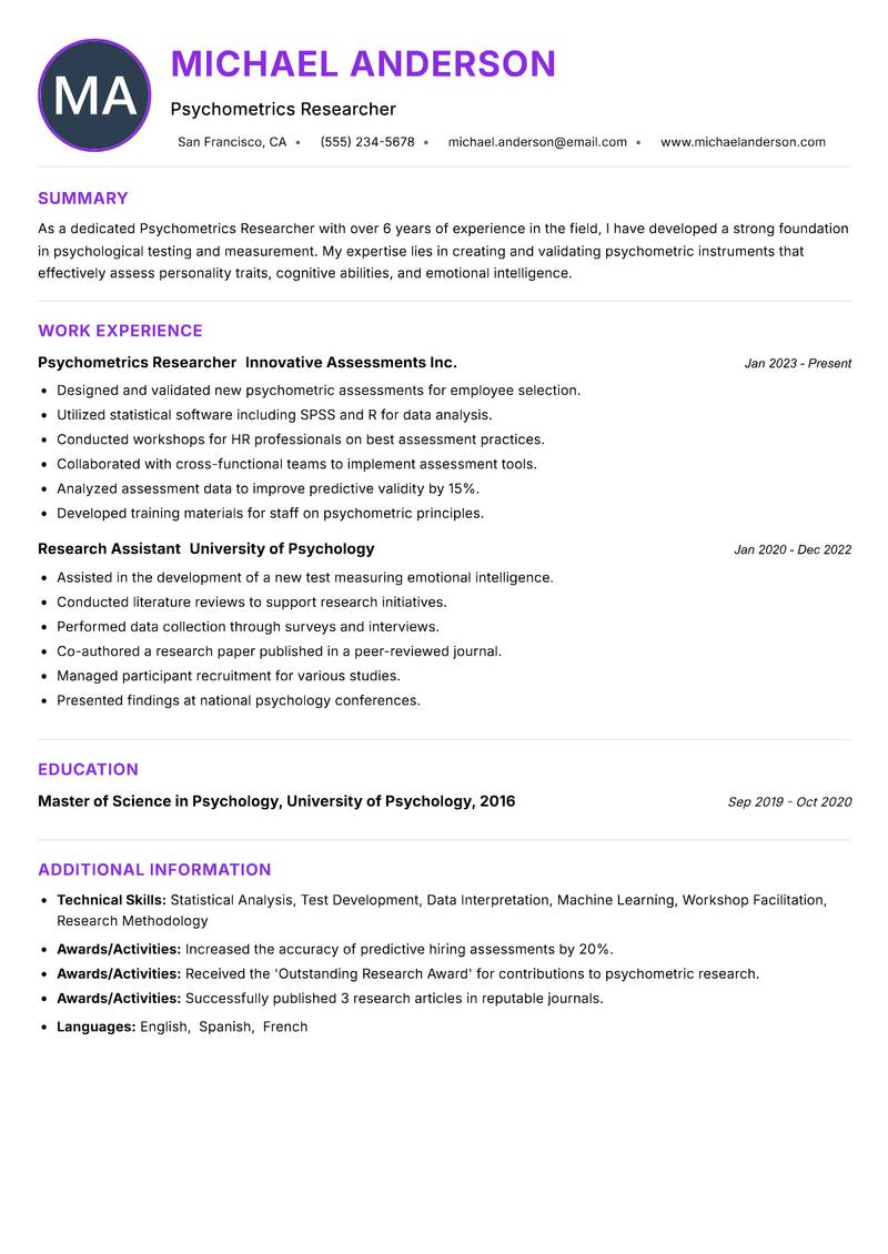 Psychometrics Researcher resume example — ATS-friendly template