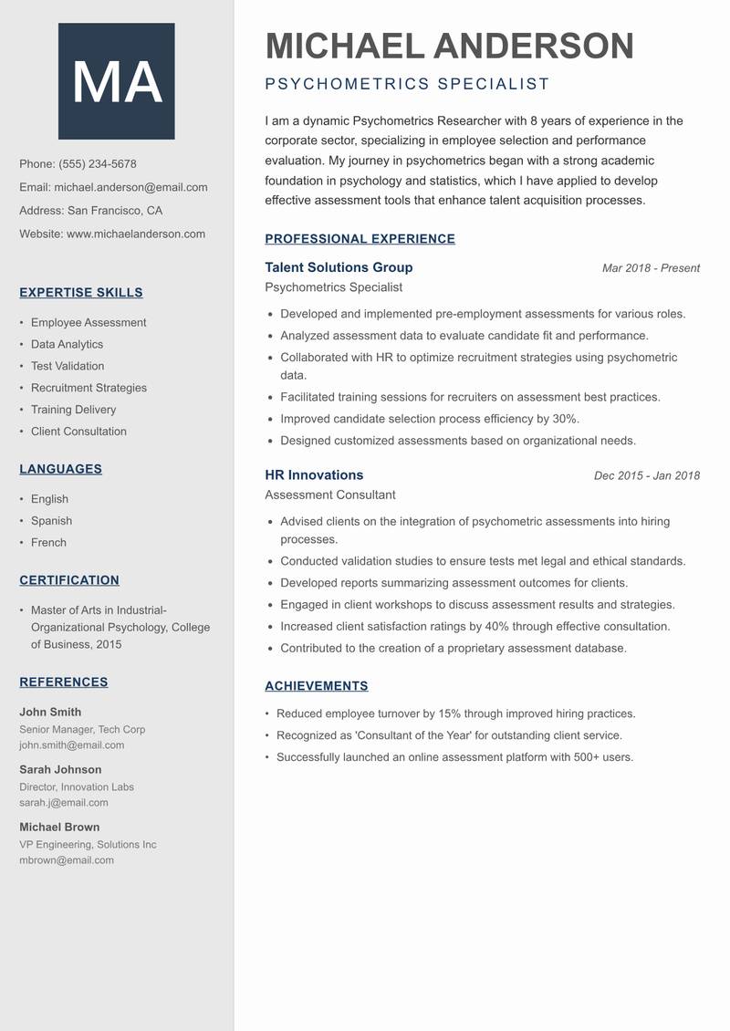 Psychometrics Researcher resume template — Creative Minimal