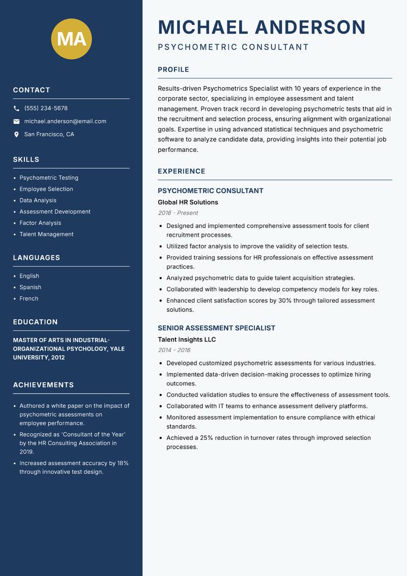 Psychometrics Specialist resume template — Classic Clean