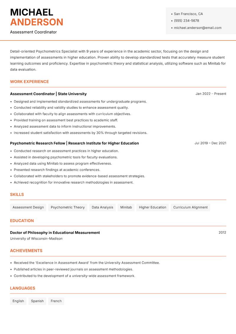 Psychometrics Specialist resume template — Modern Professional