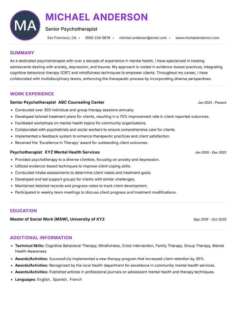 Psychotherapist resume example — ATS-friendly template