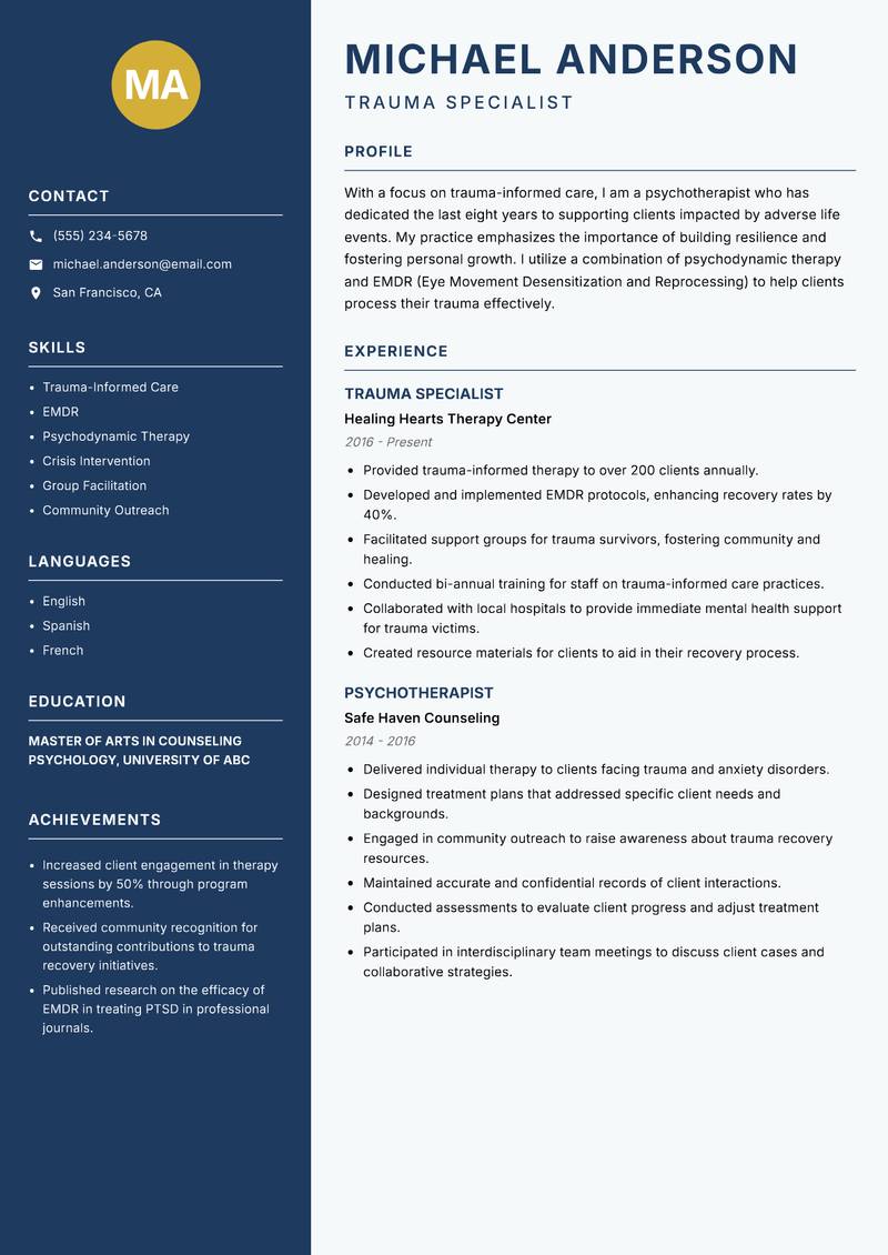 Psychotherapist resume template — Classic Clean