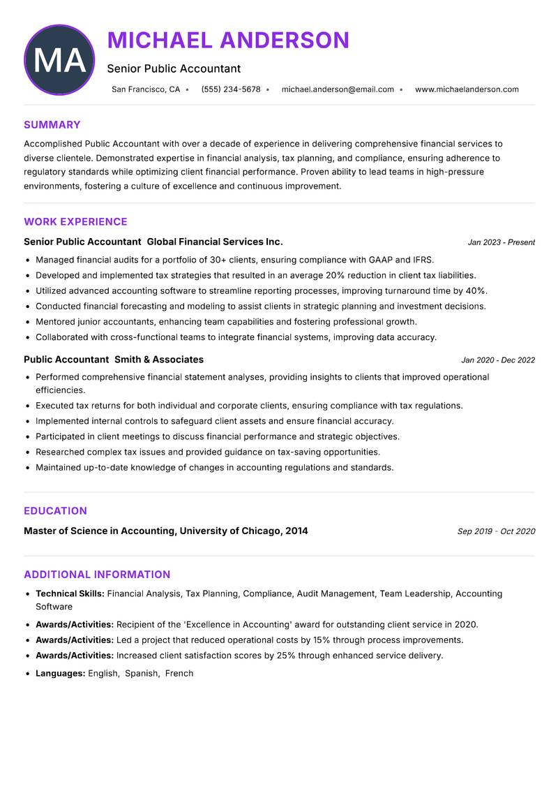 Public Accountant resume example — ATS-friendly template
