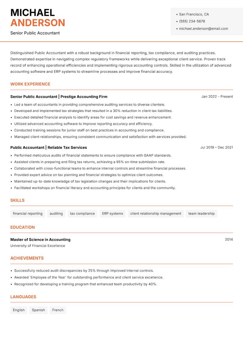 Public Accountant resume template — Modern Professional