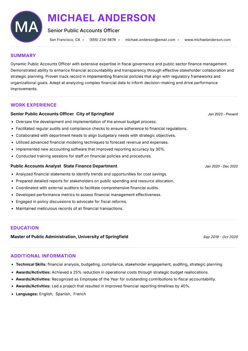 Public Accounts Officer resume example — ATS-friendly template