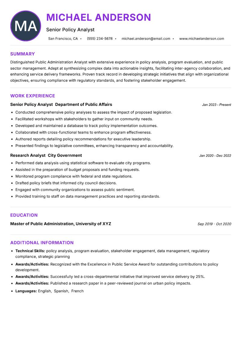 Public Administration Analyst resume example — ATS-friendly template