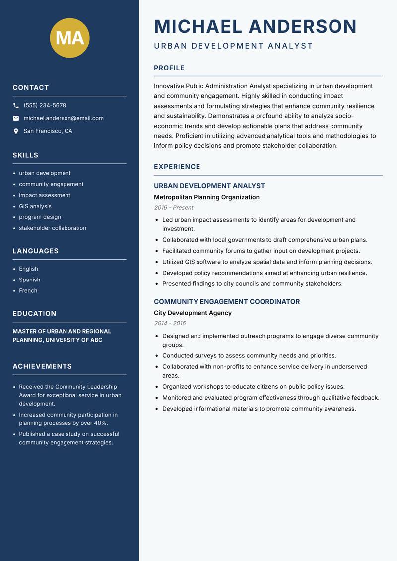 Public Administration Analyst resume template — Classic Clean