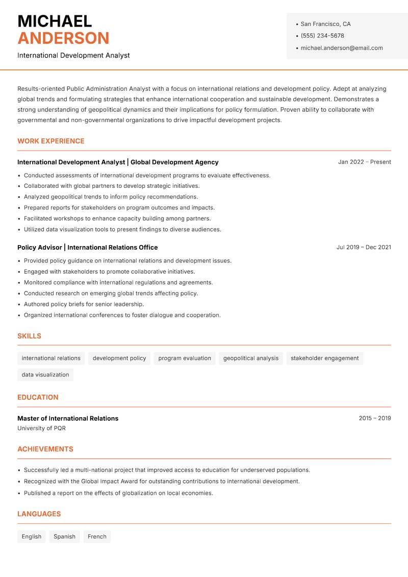 Public Administration Analyst resume template — Modern Professional