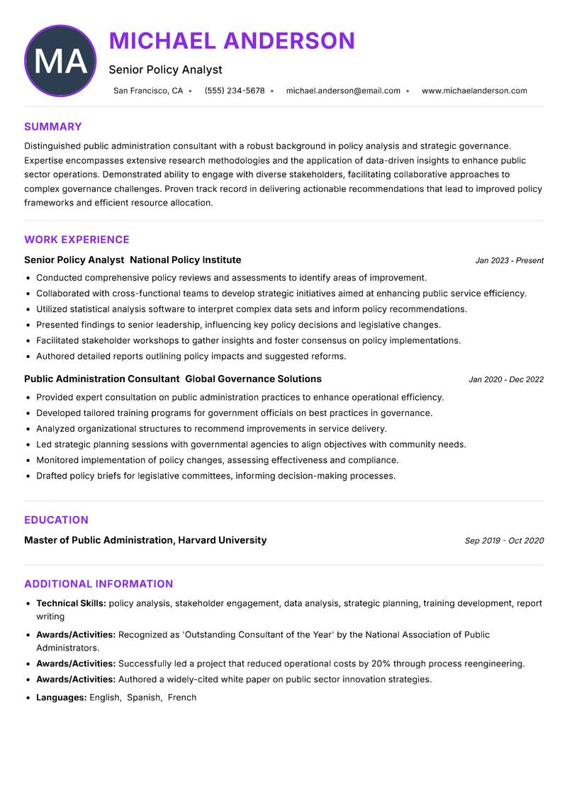 Public Administration Consultant resume example — ATS-friendly template