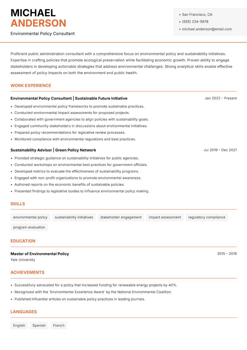 Public Administration Consultant resume template — Modern Professional